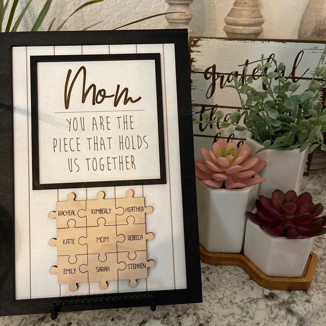 Handmade Personalized Wood Mom Puzzle Sign | Mom You Are The Piece That Holds Us Together | Mother's Day Gift